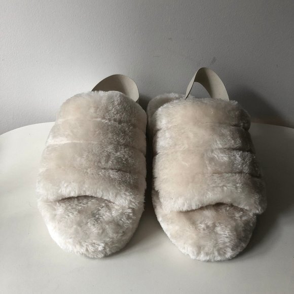 Cream off white faux fur teddy slippers with elastic back - Picture 3 of 7